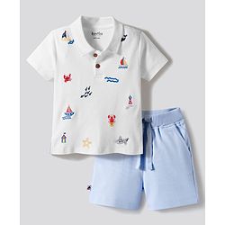 Bonfino 100% Cotton Knit Nautical Embroidered Half Sleeves Polo T-Shirt & Short Set - White & Light Blue