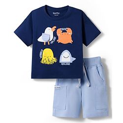 Bonfino 100% Cotton Knit Half Sleeves T-Shirt & Shorts Set With Sea Animals Print - Navy Blue