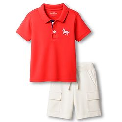 Bonfino 100% Cotton Knit Half Sleeves Polo T-Shirt & Cargo Shorts Set with Unicorn Embroidery - Red