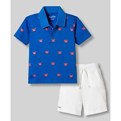 Bonfino 100% Cotton Knit Half Sleeves Crab Printed Polo T-Shirt & Cargo Shorts Set - Blue & White