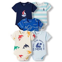 Bonfino 100% Cotton Knit Half Sleeves Onesies with Sea Life Print Pack Of 5 - Multicolor