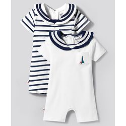 Bonfino 100% Cotton Knit Half Sleeve Striped & Tree Embroidered Polo Romper Pack Of 2 - White & Navy Blue