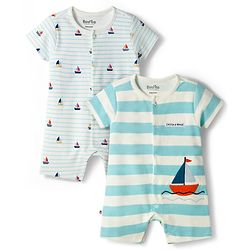 Bonfino 100% Cotton Knit Half Sleeves Boat Printed & Striped Front Open Rompers Pack Of 2 - Multicolor