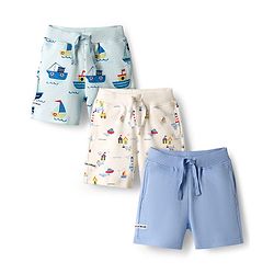 Bonfino 100% Cotton Knit  Above Knee Length Shorts With Nautical Theme Print Pack Of 3 - Light Blue Cream & Blue