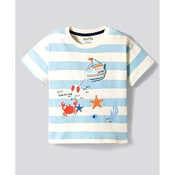 Bonfino 100% Cotton Knit Drop Shoulder Oversized Half Sleeve Striped T-Shirt with Nautical Theme Print - White & Light Blue