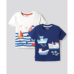 Bonfino 100% Cotton Knit Half Sleeve T-Shirts with Boat & Nautical Theme Print Pack of 2 - White & Navy Blue