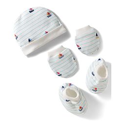 Bonfino 100% Cotton Ship Printed & Striped Cap Mittens & Booties White - Diameter 11.5 cm