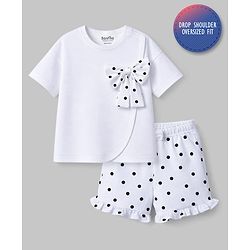 Bonfino 100% Cotton Knit Drop Shoulder Half Sleeves Oversized T-shirt & Shorts Set With Polka Dot Print & Bow Applique - White