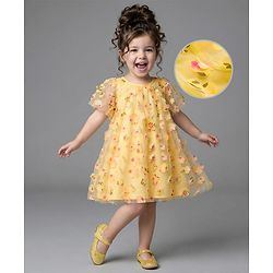 Bonfino Woven Half Frill Sleeves Party Dress with 3D Floral Applique - Yellow