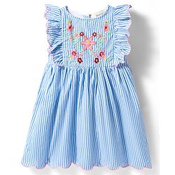Bonfino 100% Cotton Woven Frill Sleeves Striped Frock With Floral Embroidery On Front Yoke - Light Blue