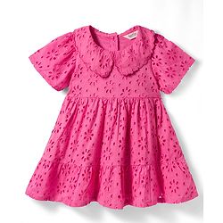 Bonfino 100% Cotton Woven Half Sleeves Solid Schiffli Dress with Scalloped Collar - Pink