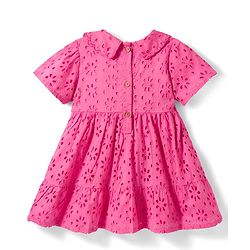 Bonfino 100% Cotton Woven Half Sleeves Solid Schiffli Dress with Scalloped Collar - Pink