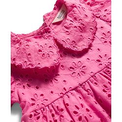 Bonfino 100% Cotton Woven Half Sleeves Solid Schiffli Dress with Scalloped Collar - Pink