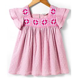 Bonfino 100% Cotton Dobby Woven Half Sleeves  Textured Frock with Crochet Detailing - Pink