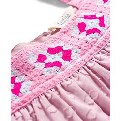 Bonfino 100% Cotton Dobby Woven Half Sleeves  Textured Frock with Crochet Detailing - Pink