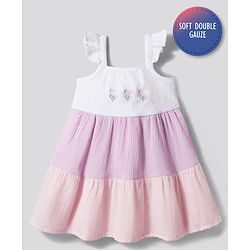 Bonfino 100% Cotton Woven Double Gauze Frill Sleeve Tiered Dress With Embroidery - Multicolour