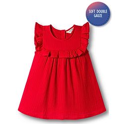 Bonfino 100% Cotton Double Gauze Woven Sleeveless Solid Dress - Red