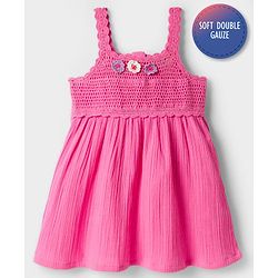 Bonfino 100% Cotton Double Gauze Starppy Dress with Crochet Yoke Detail - Pink