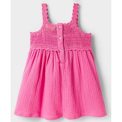 Bonfino 100% Cotton Double Gauze Starppy Dress with Crochet Yoke Detail - Pink