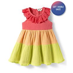 Bonfino 100% Cotton Double Gauze Woven Sleeveless Color Blocked Dress - Multicolor