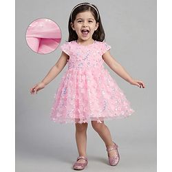 Bonfino Woven Half Cap Sleeves Party Dress with 3D Floral Applique & Sequin - Pink