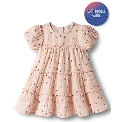 Bonfino 100% Cotton Woven Double Gauze Half Sleeves Dress with Ruffled Seam Panels  & Floral Print- Peach