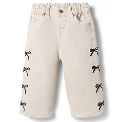 Bonfino Woven Full Length Washed Culotte Jeans With Bow Embroidery - Off White