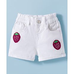 Bonfino Woven Above Knee Length High-Waist Twill Bermuda Shorts with Strawberries Embroidery - Off White