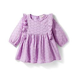 Bonfino Cotton Lyocell Woven Full Sleeves Dress Schiffli with Ruffles Detailing - Lilac