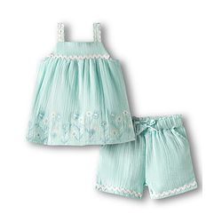 Bonfino 100% Cotton Woven Double Gauze Sleeveless Top & Shorts Set with Floral Embroidery & Lace Detailing - Mint