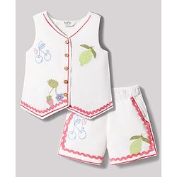 Bonfino 100% Cotton Woven Sleeveless Top & Shorts Set With Rickrack Lace & Fruit Embroidery - White