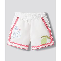 Bonfino 100% Cotton Woven Sleeveless Top & Shorts Set With Rickrack Lace & Fruit Embroidery - White