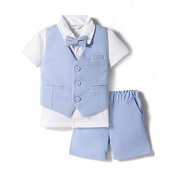 Bonfino Woven Half Sleeves Solid 3 Piece Party Suit With Bow - Light Blue