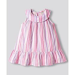 Bonfino Cotton Woven Sleeveless Dress With Stripes & Ruffled Collar - Multicolour