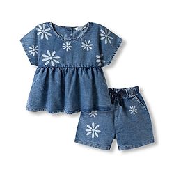 Bonfino 100% Cotton Woven Half Sleeves Top & Shorts Set with Floral Print - Blue