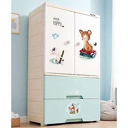 Bonfino 3 Layer Plastic Kids Wardrobe & Storage Cabinet with Wheels Happy Forest Multipurpose Organizer for Toys, Books & Clothes Anti-Slip Base Easy Assembly Sturdy High Density Plastic- White