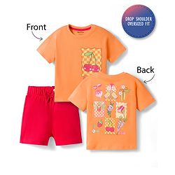 Bonfino 100% Cotton Knit Drop Shoulder Half Sleeves Oversized T-Shirt & Shorts Set with Tropical Theme Front & Back Print - Peach & Red