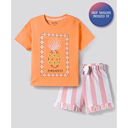 Bonfino 100% Cotton Knit Half Sleeves Oversized T-Shirt & Shorts Set with Gold Foil Pineapple Print & Bow Applique - Peach