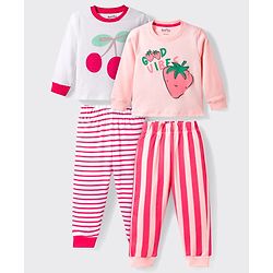 BONFINO 100% Cotton Knit Full Sleeves Tropical Theme Printed T-Shirts & Pyjama Night Suits With Stripes Pack of 2 - Multicolour