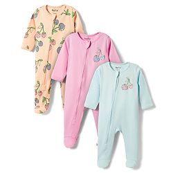 Bonfino 100% Cotton Knit Full Sleeves Footed Sleep Suits With Cherry Print Pack of 3 - Multicolor