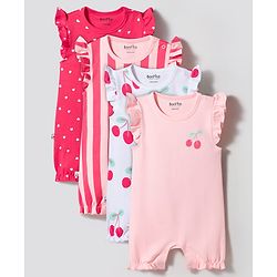 Bonfino 100% Cotton Knit Flutter Sleeves Romper with Striped Heart & Cherry Print Pack of 4 - Pink White & Red