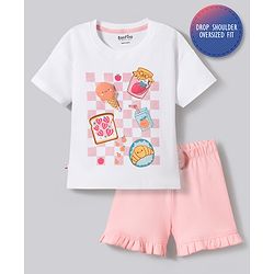 Bonfino 100% Cotton Knit Half Sleeves Oversized T-Shirt & Shorts Set With Fruit Print & Applique - White