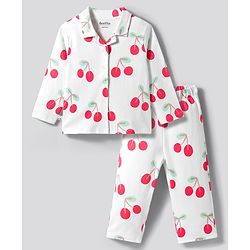 Bonfino 100% Cotton Knit Full Sleeves Co-ords Shirt & Pajama Night Suit with Cherry Print - White