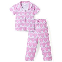 Bonfino 100% Cotton Knit Half Sleeves Co-ords Shirt & Pajama Night Suit with Strawberry Print - White & Pink