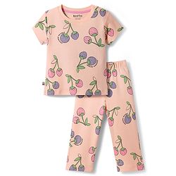 Bonfino 100% Cotton Knit Half Sleeves Tropical Theme Printed T-Skirt & Pyjama Night Suit - Peach