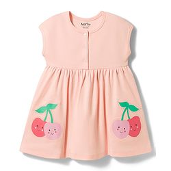 Bonfino  100% Cotton Knit Sleeveless Extented Shoulder Dress with Embroidery- Pink