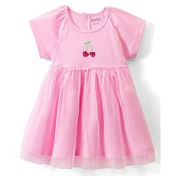 Bonfino Cotton Knit Half Raglan Sleeves Dress with Mesh & Sequin Detailing - Pink