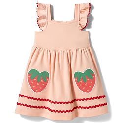 Bonfino 100% Cotton Knit Flutter Sleeves Dress with Strawberry Patch & Embroidery - Pink
