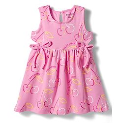 Bonfino 100% Cotton Knit Sleeveless Cherry Printed Frock With Bow Applique - Pink