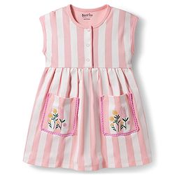 Bonfino 100% Cotton Knit Sleeveless Extended Shoulder Frock With Stripes & Floral Embroidered Pockets  - Pink